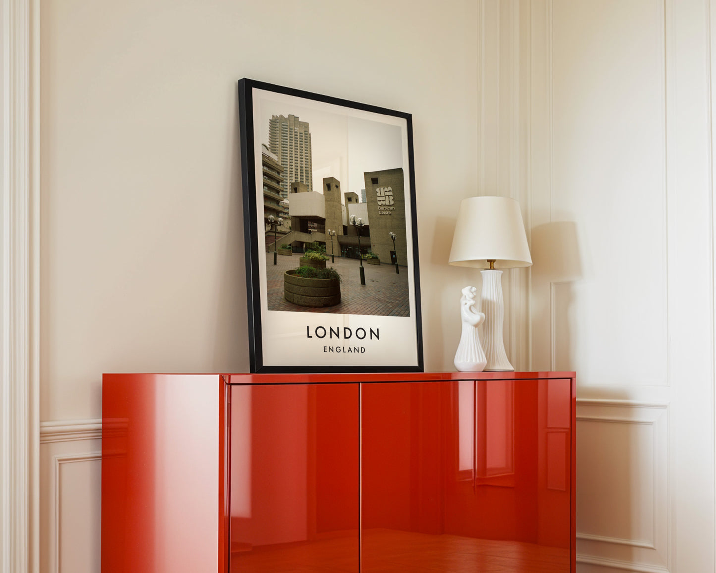 Barbican Centre Entrance Sign Brutalist - London analogue photography poster print in interior design setting