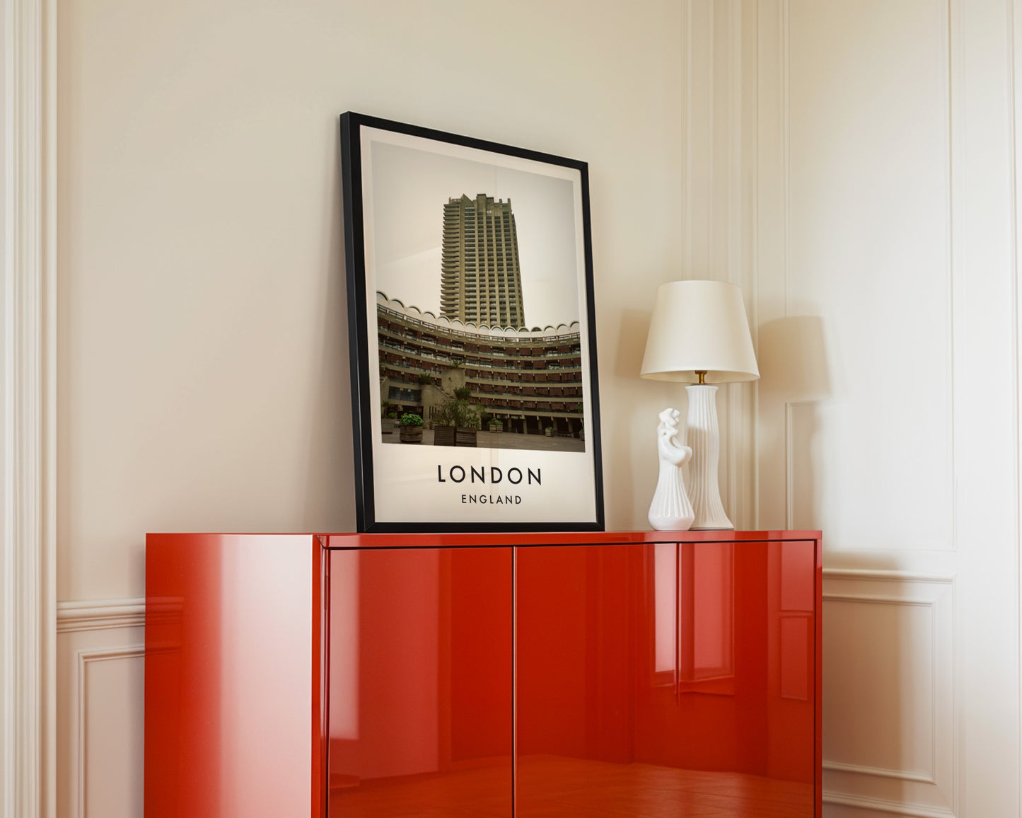 Barbican Estate Cromwell Tower Curved Terrace - London analogue photography poster print in interior design setting