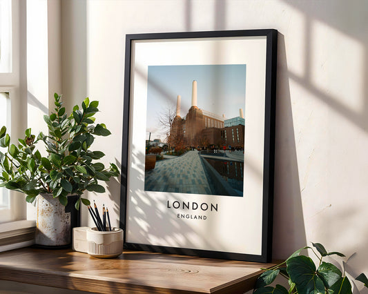 Battersea Power Station Daytime Chimneys Front - London analogue photography poster print in modern room setting