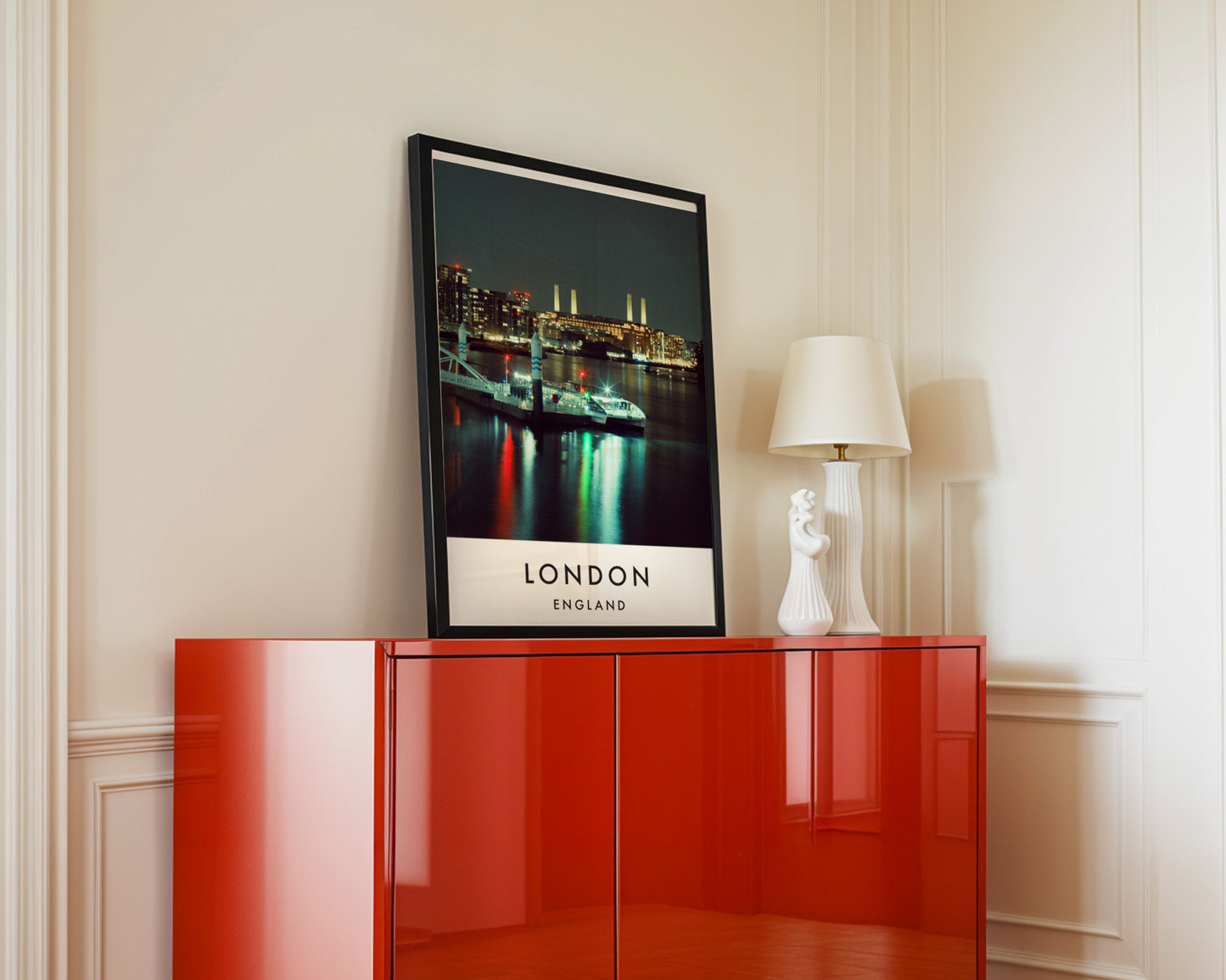 Battersea Power Station Night Reflections - London analogue photography poster print in interior design setting