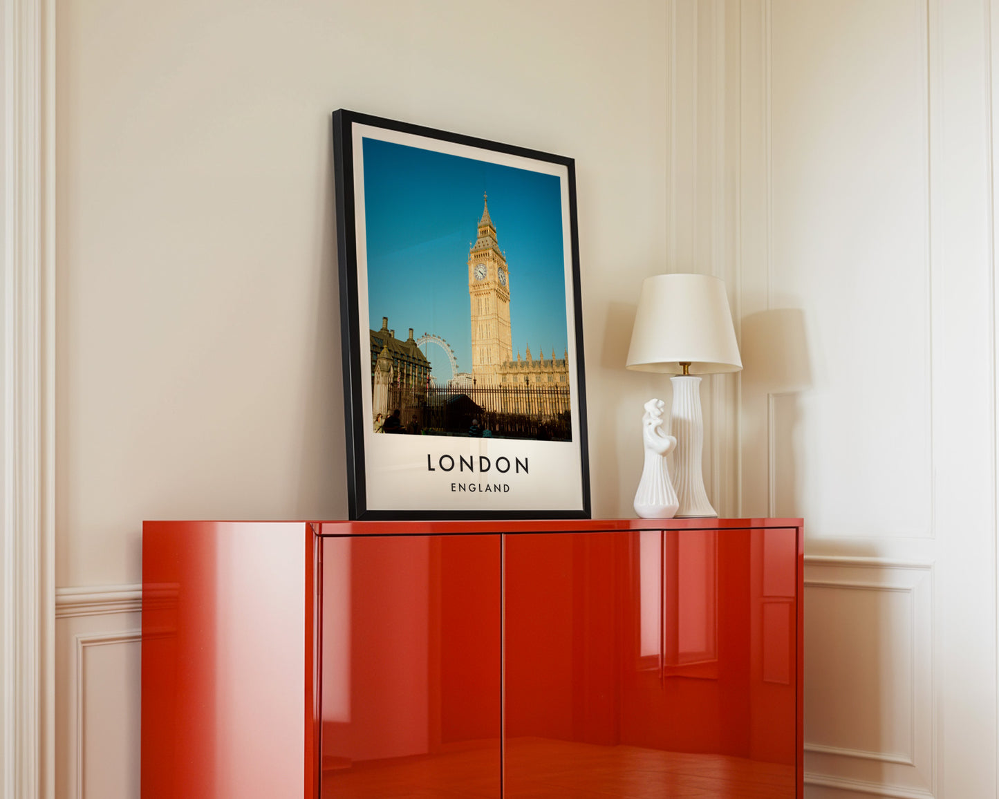 Big Ben Elizabeth Tower London Eye Blue Sky - London analogue photography poster print in interior design setting