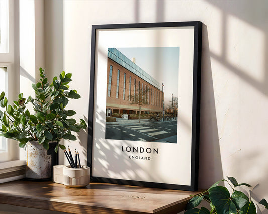 British Library Red Brick Building Street - London analogue photography poster print in modern room setting