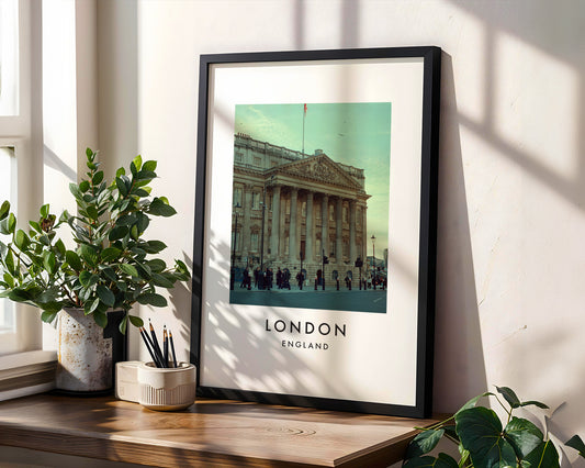 Buckingham Palace Front Facade Columns Flag - London analogue photography poster print in modern room setting