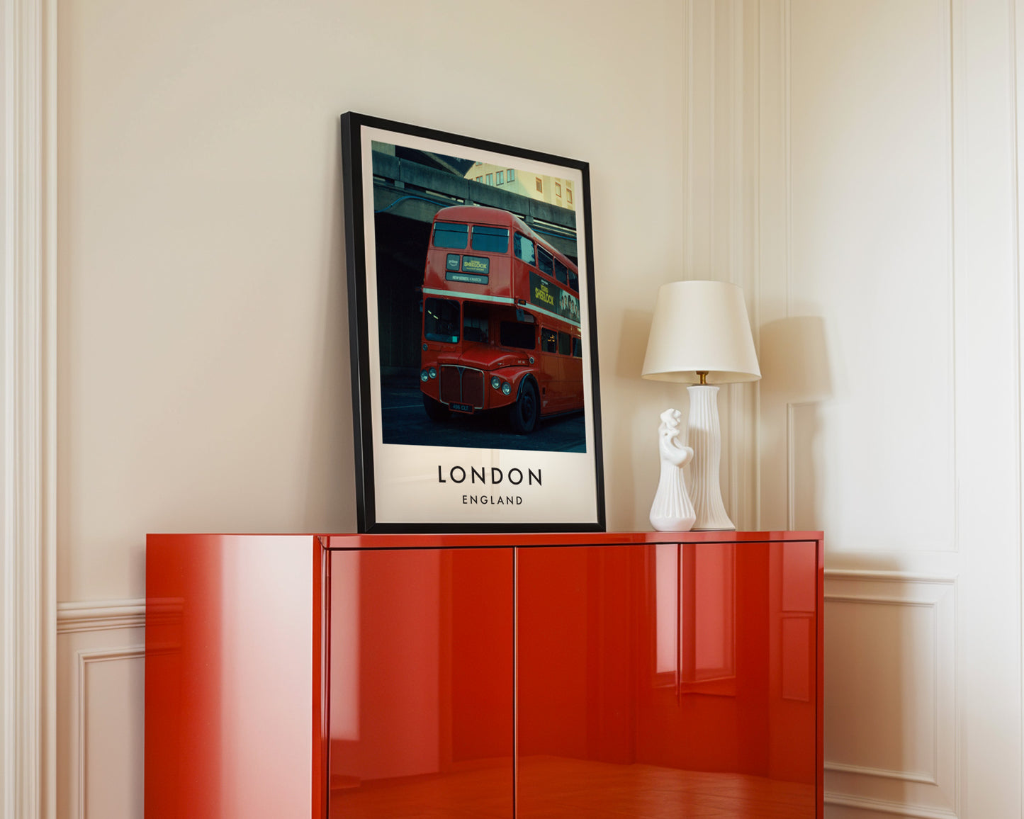 Classic Routemaster Bus Red Vintage - London analogue photography poster print in interior design setting