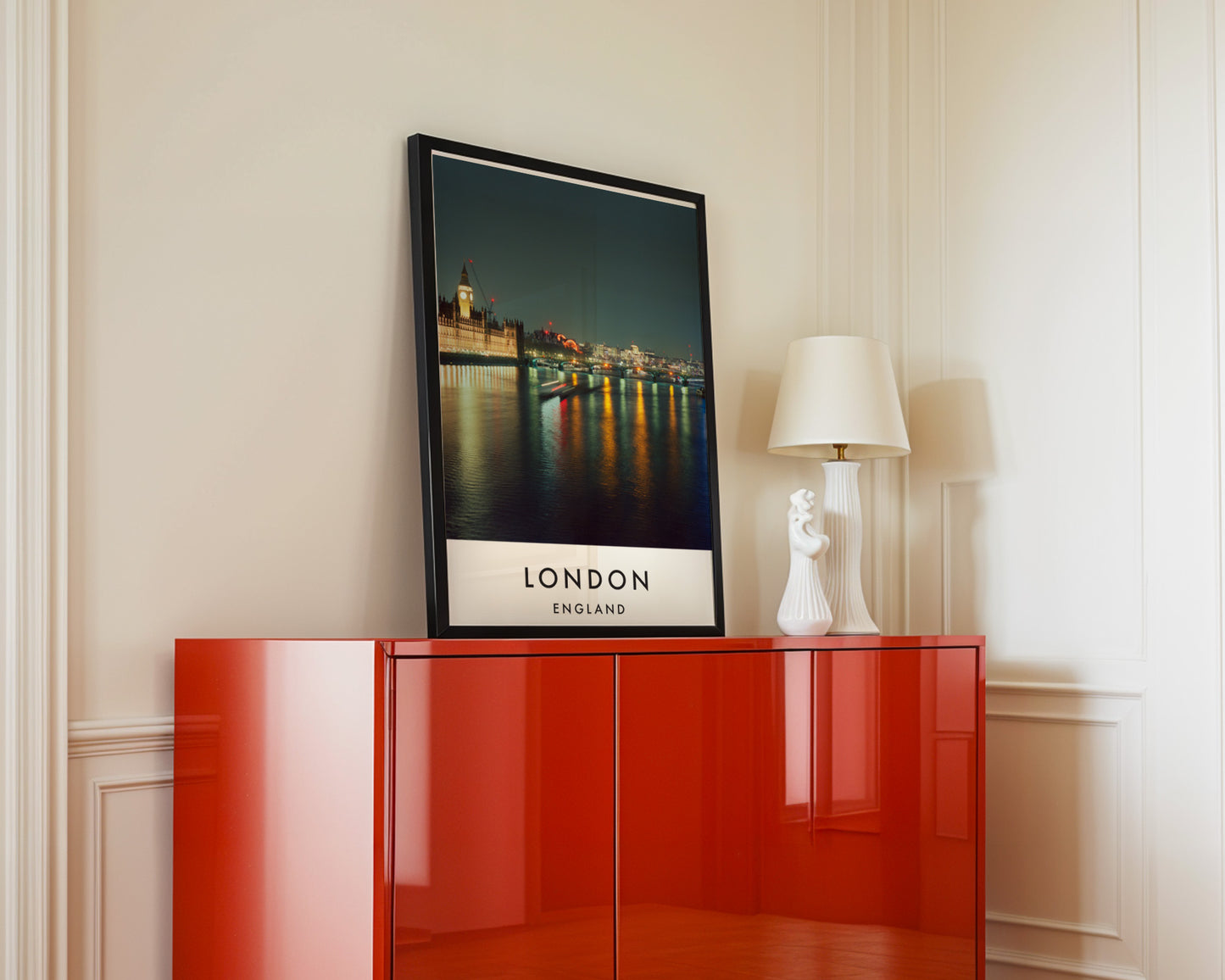 Houses of Parliament Big Ben Night Thames - London analogue photography poster print in interior design setting