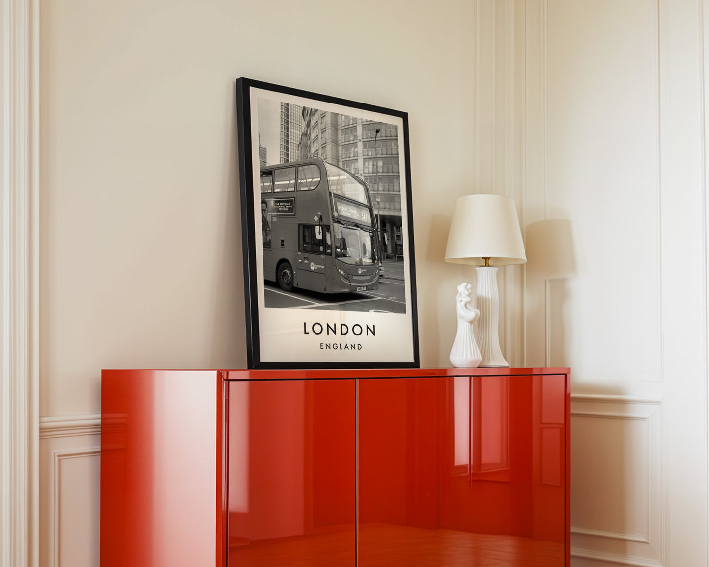 London Bus Black and White City Street - London analogue photography poster print in interior design setting