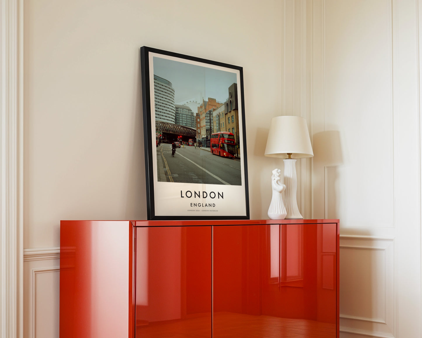 London Street Red Bus BFI IMAX London Eye - London analogue photography poster print in interior design setting