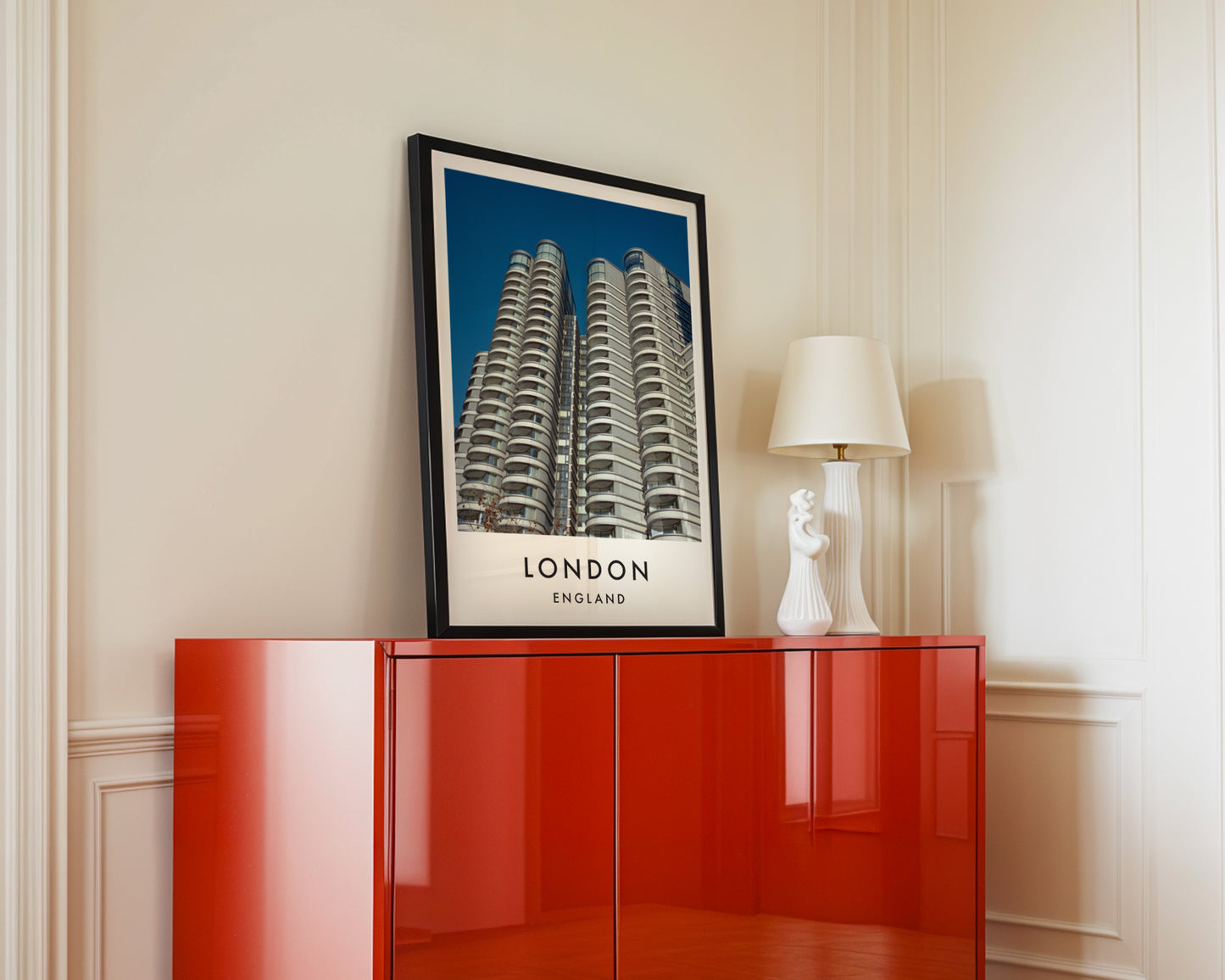 Modern Curved Residential Towers Balconies - London analogue photography poster print in interior design setting