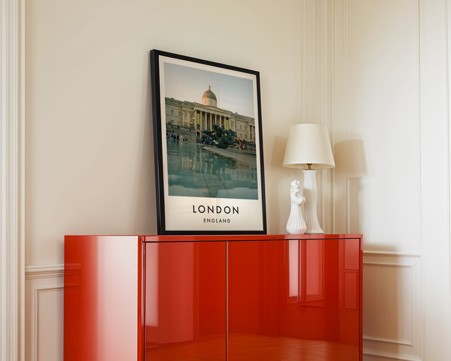 National Gallery Fountain Reflection Trafalgar - London analogue photography poster print in interior design setting