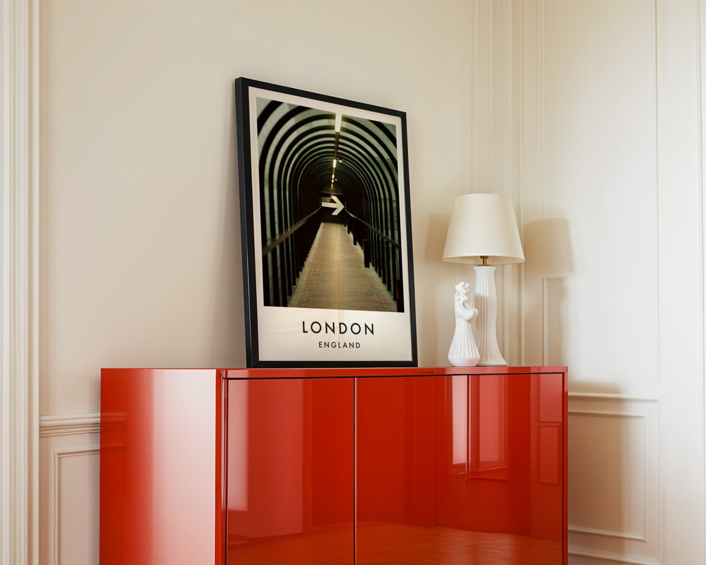 Pedestrian Tunnel Repeating Arches Arrow Sign - London analogue photography poster print in interior design setting