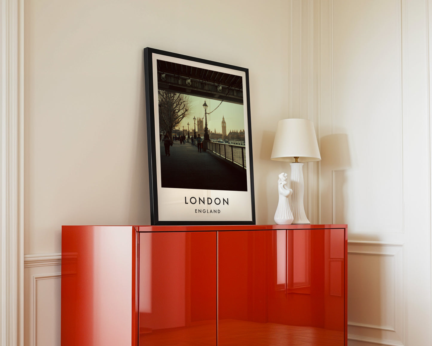 South Bank Walk Under Bridge Big Ben View - London analogue photography poster print in interior design setting