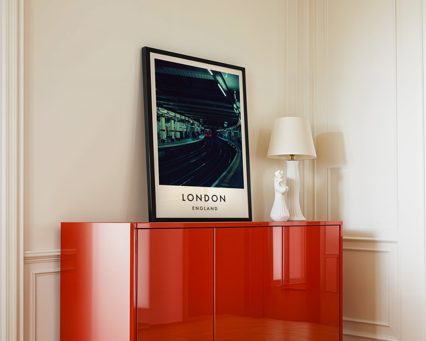 Underground Station Curved Platform Approaching Train - London analogue photography poster print in interior design setting