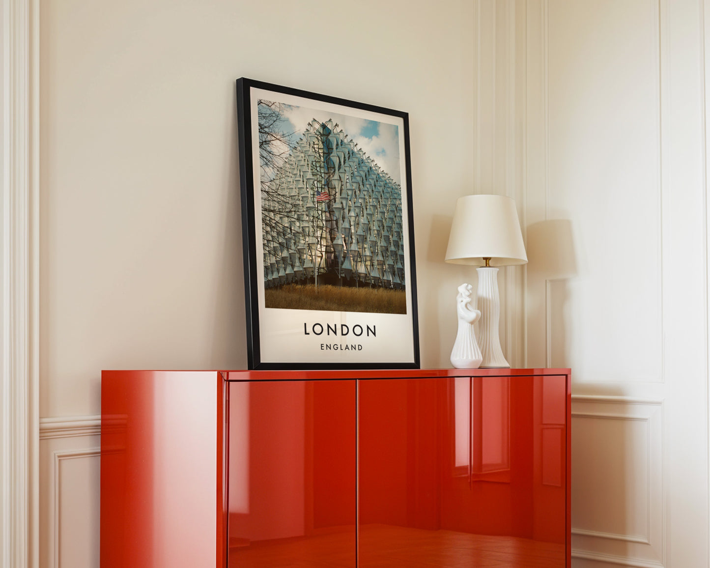 US Embassy Nine Elms American Flag - London analogue photography poster print in interior design setting