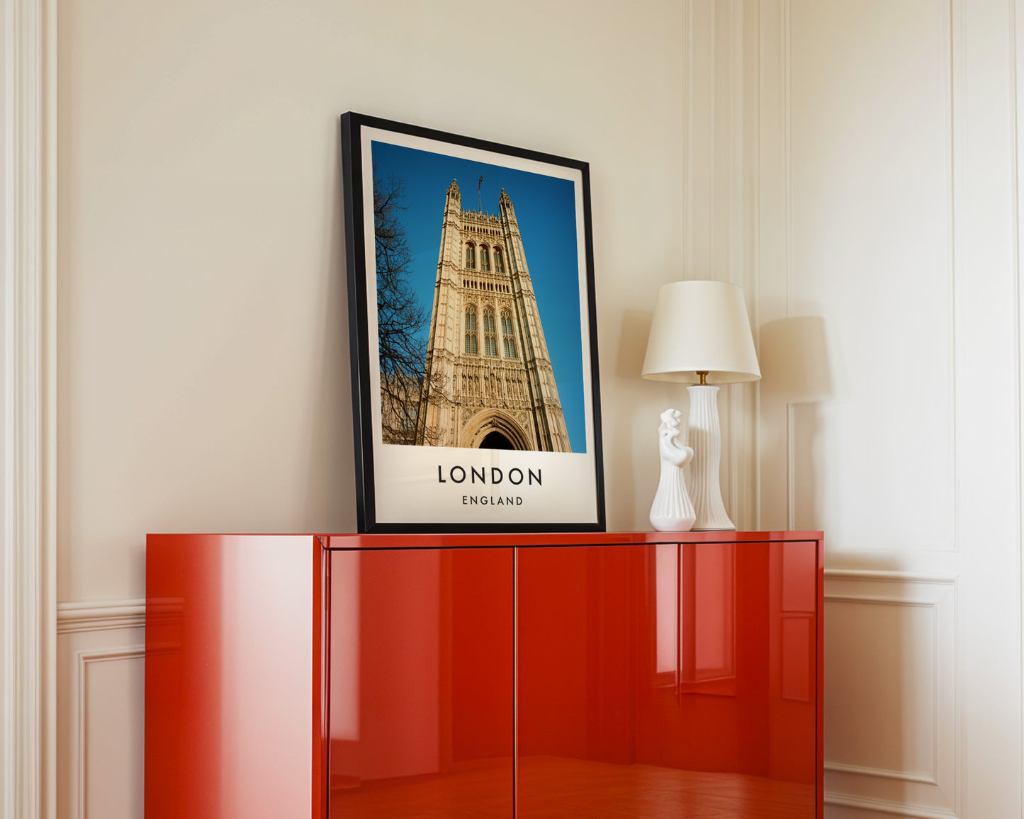 Victoria Tower Close Up Blue Sky - London analogue photography poster print in interior design setting