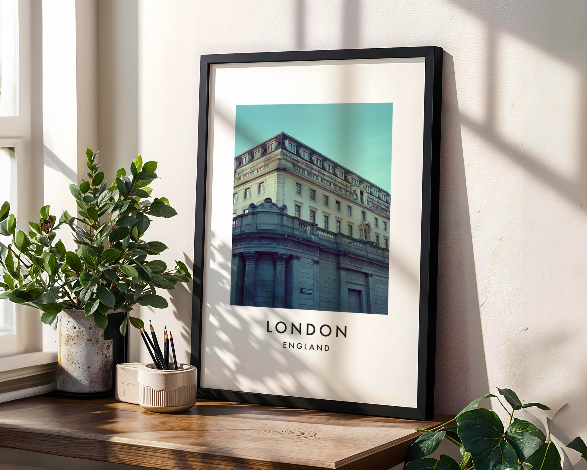 Bank of England Building Classical Facade - London analogue photography poster print in modern room setting