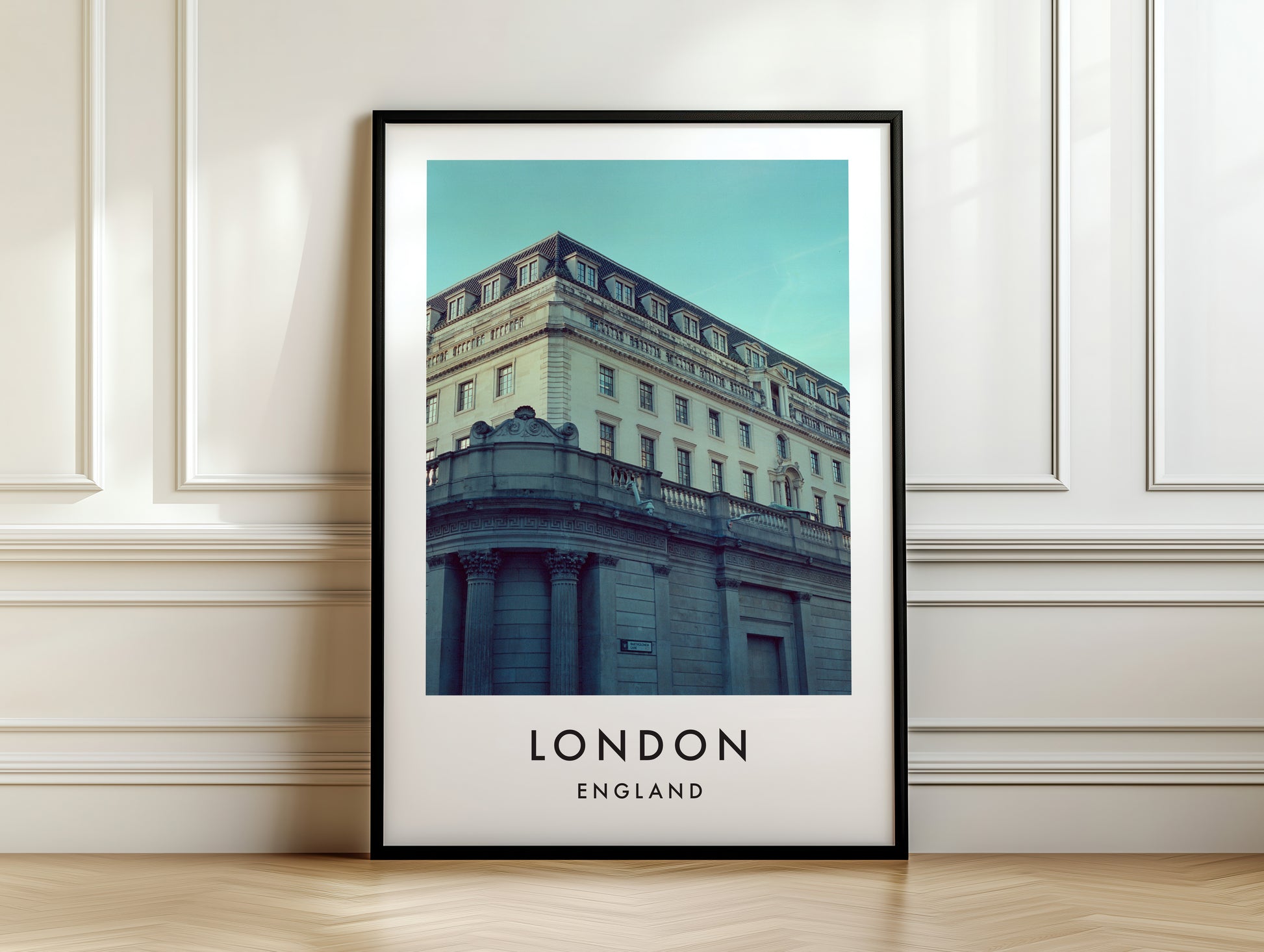 Bank of England Building Classical Facade - London analogue photography poster print on white panelled wall