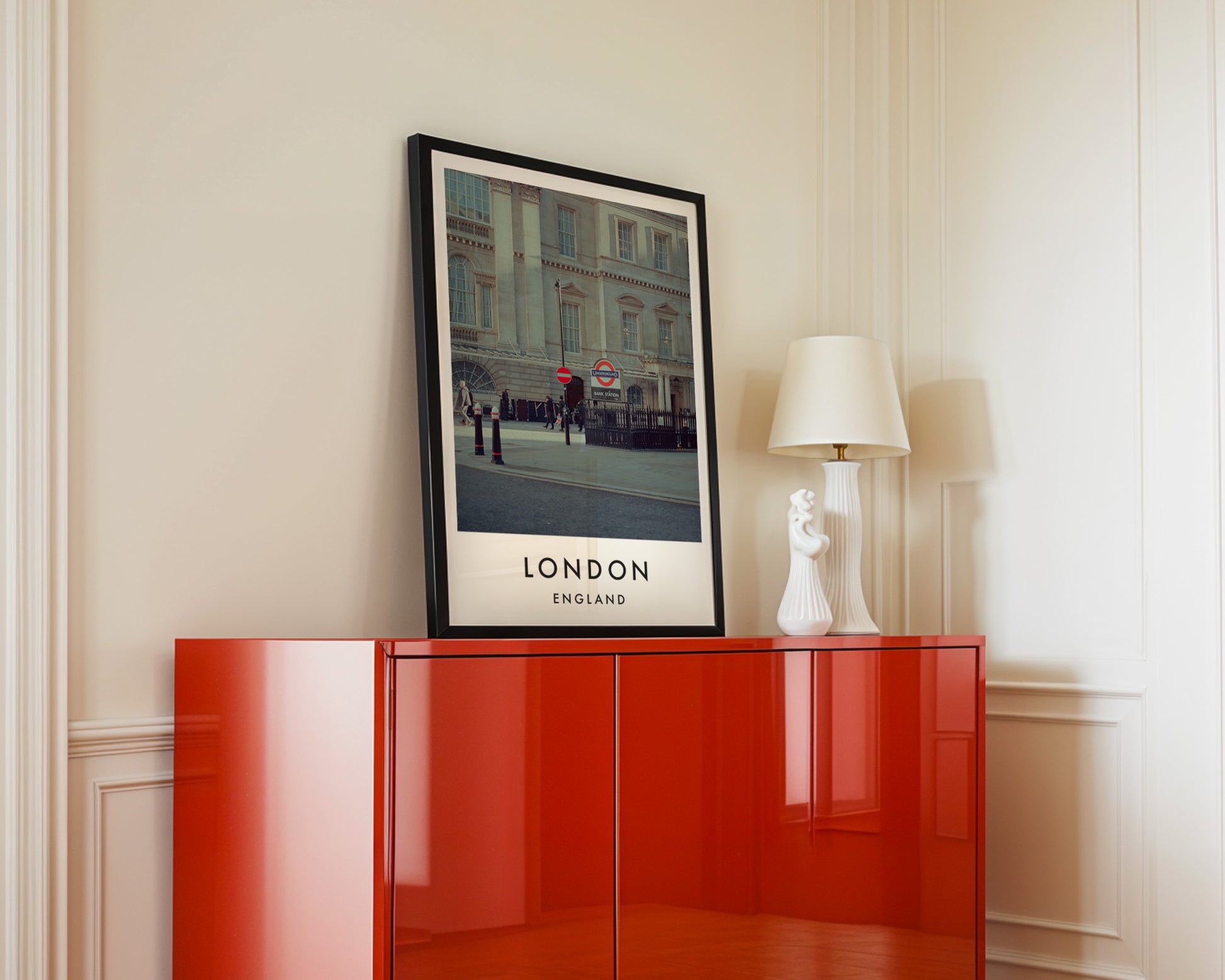 Bank Station Underground Entrance Classical - London analogue photography poster print in interior design setting