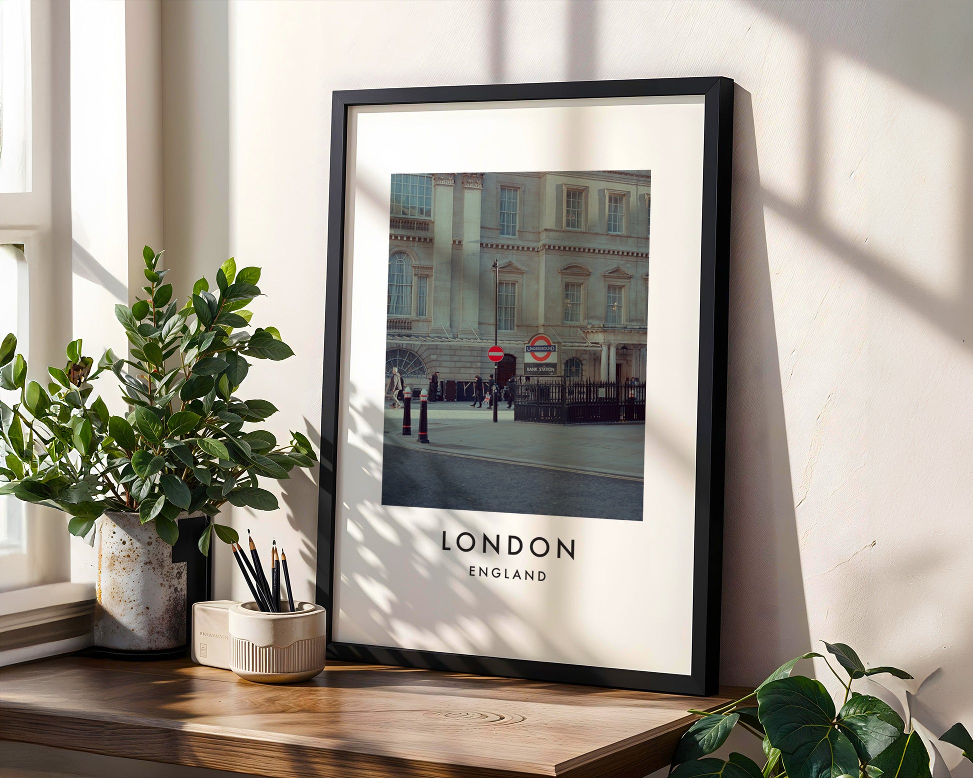 Bank Station Underground Entrance Classical - London analogue photography poster print in modern room setting