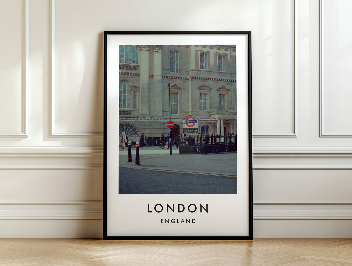 Bank Station Underground Entrance Classical - London analogue photography poster print on white panelled wall