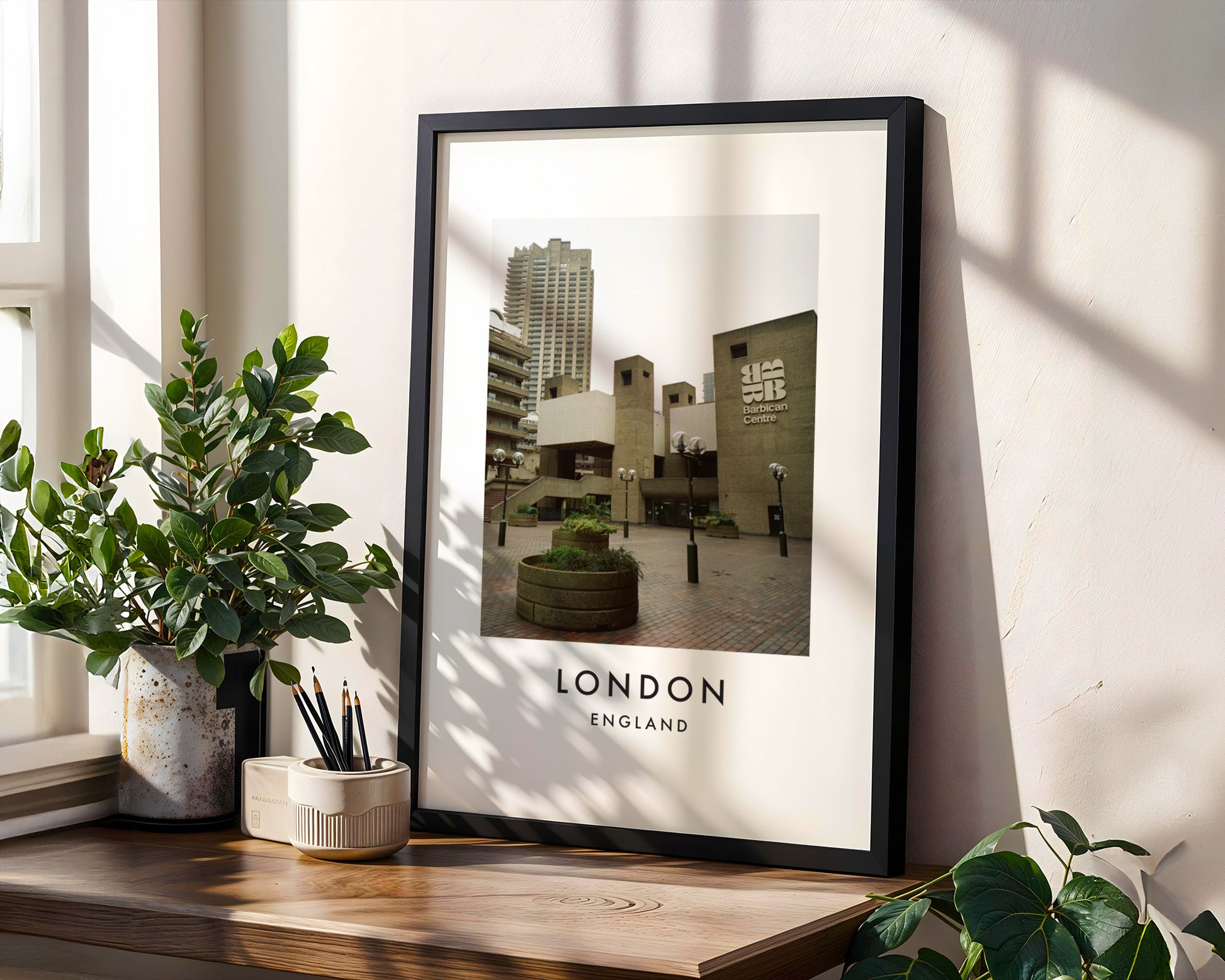 Barbican Centre Entrance Sign Brutalist - London analogue photography poster print in modern room setting