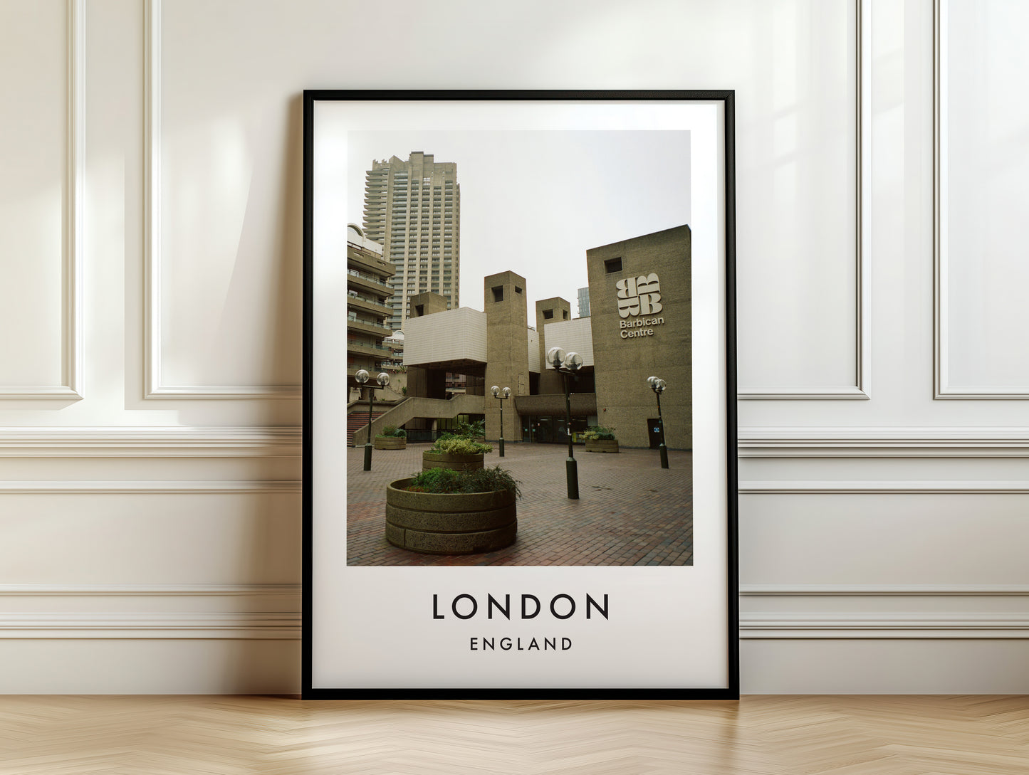 Barbican Centre Entrance Sign Brutalist - London analogue photography poster print on white panelled wall