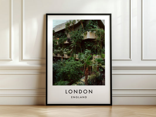 Barbican Conservatory Lush Green Plants Concrete - London analogue photography poster print on white panelled wall