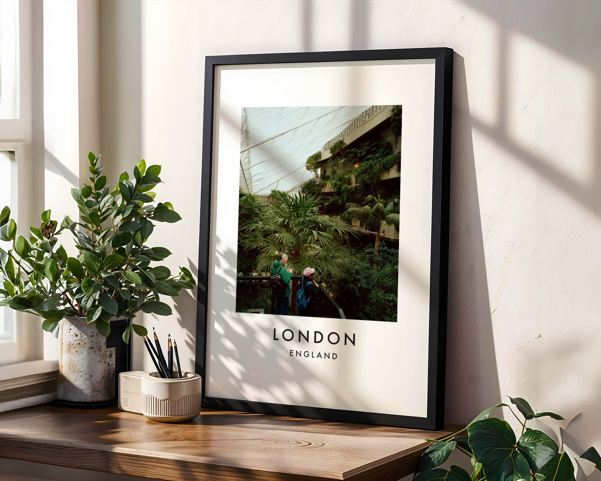 Barbican Conservatory Visitors Palm Trees Glass Roof - London analogue photography poster print in modern room setting