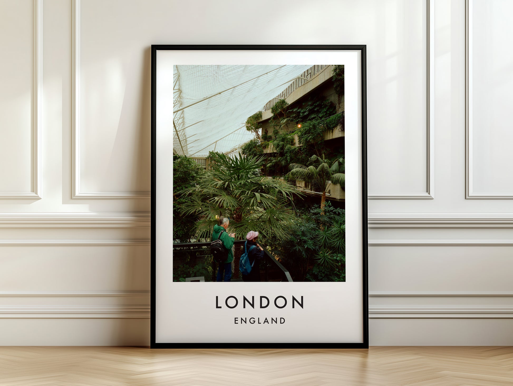 Barbican Conservatory Visitors Palm Trees Glass Roof - London analogue photography poster print on white panelled wall