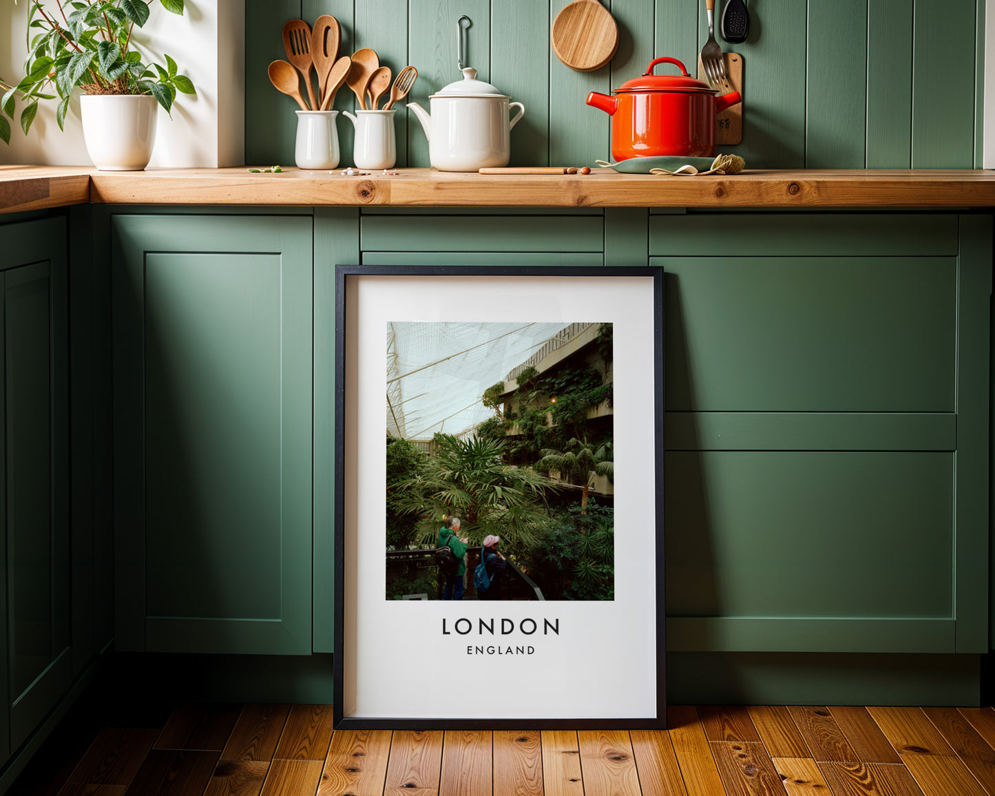 Barbican Conservatory Visitors Palm Trees Glass Roof - London analogue photography poster print on minimalist white wall