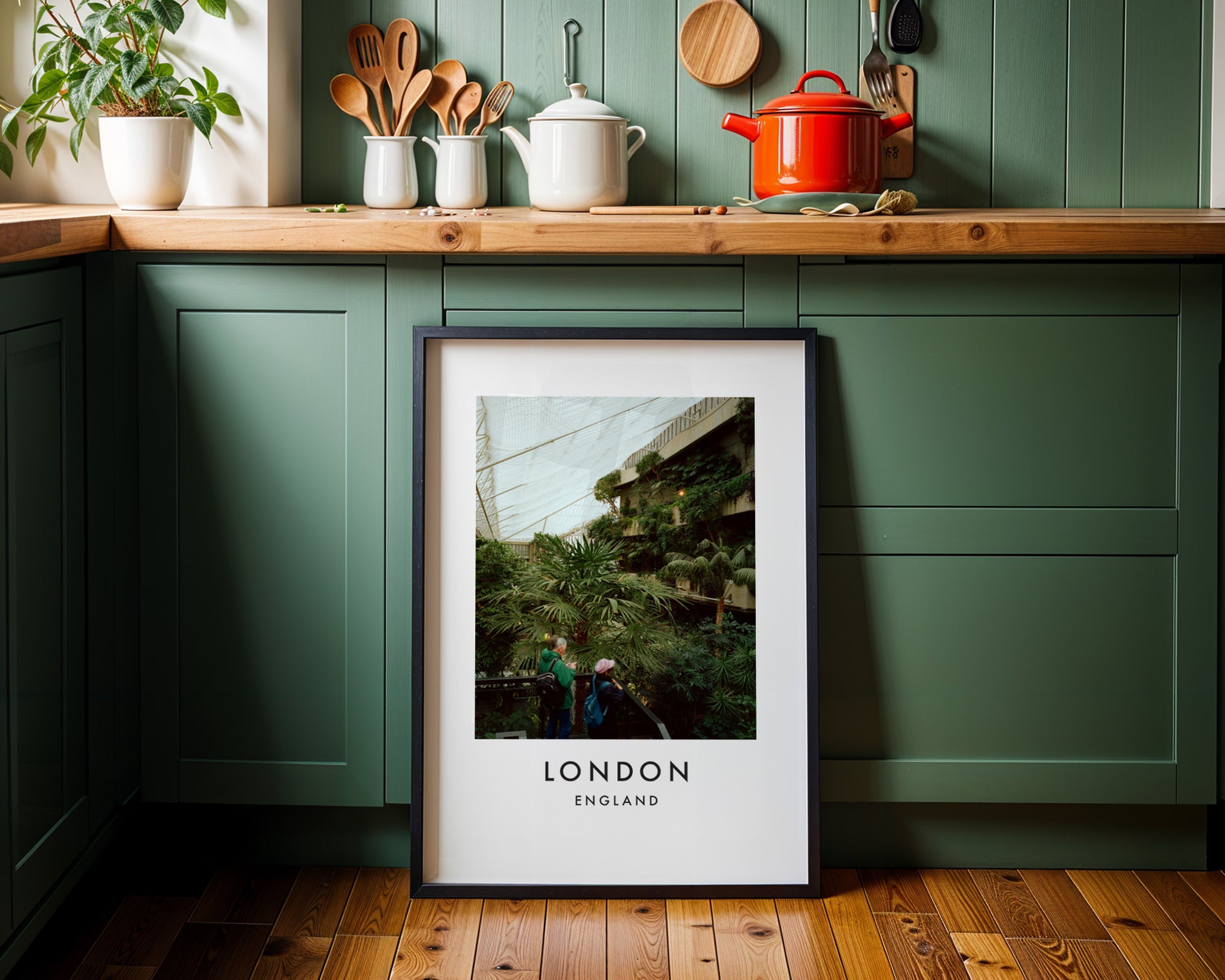 Barbican Conservatory Visitors Palm Trees Glass Roof - London analogue photography poster print on minimalist white wall