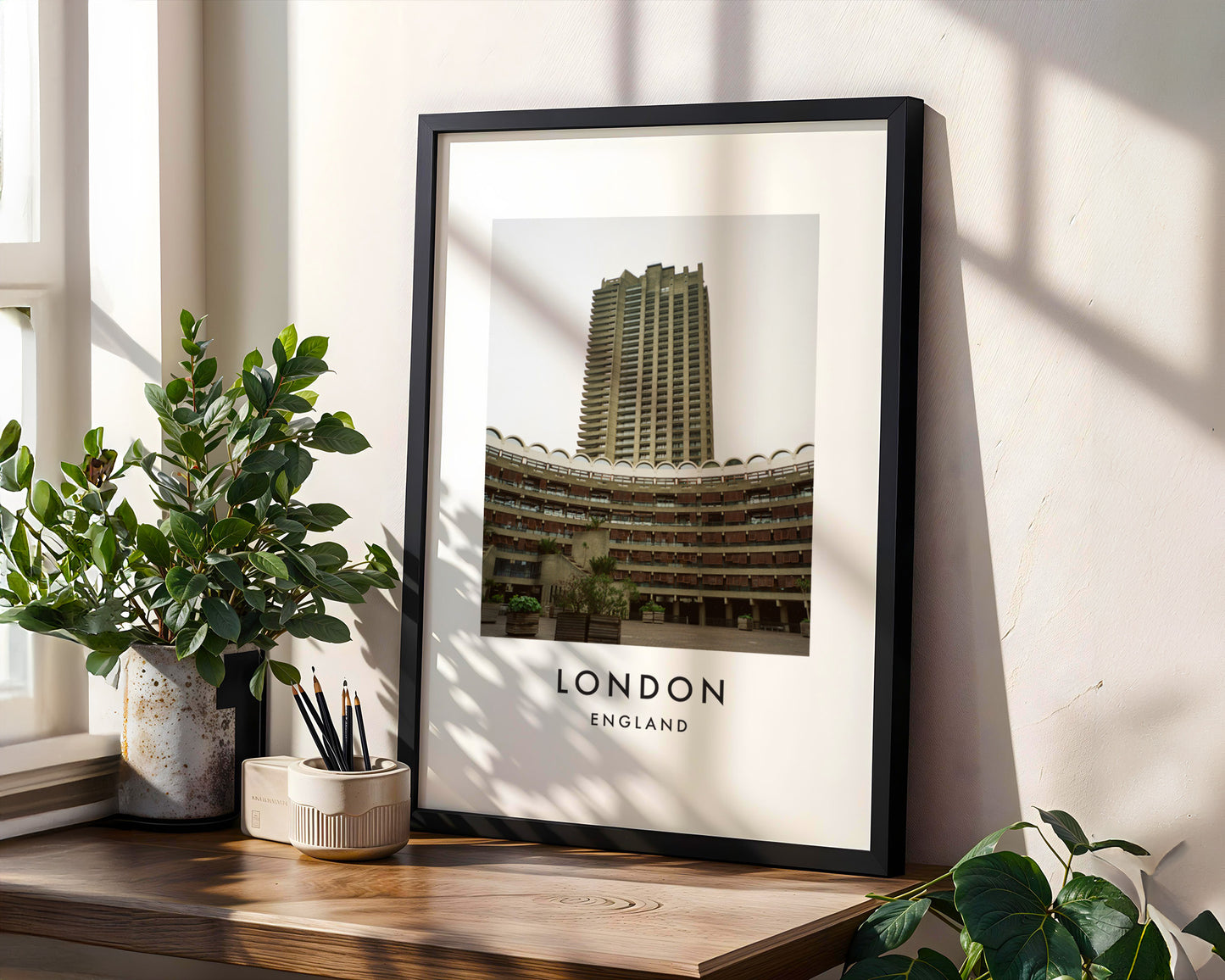 Barbican Estate Cromwell Tower Curved Terrace - London analogue photography poster print in modern room setting