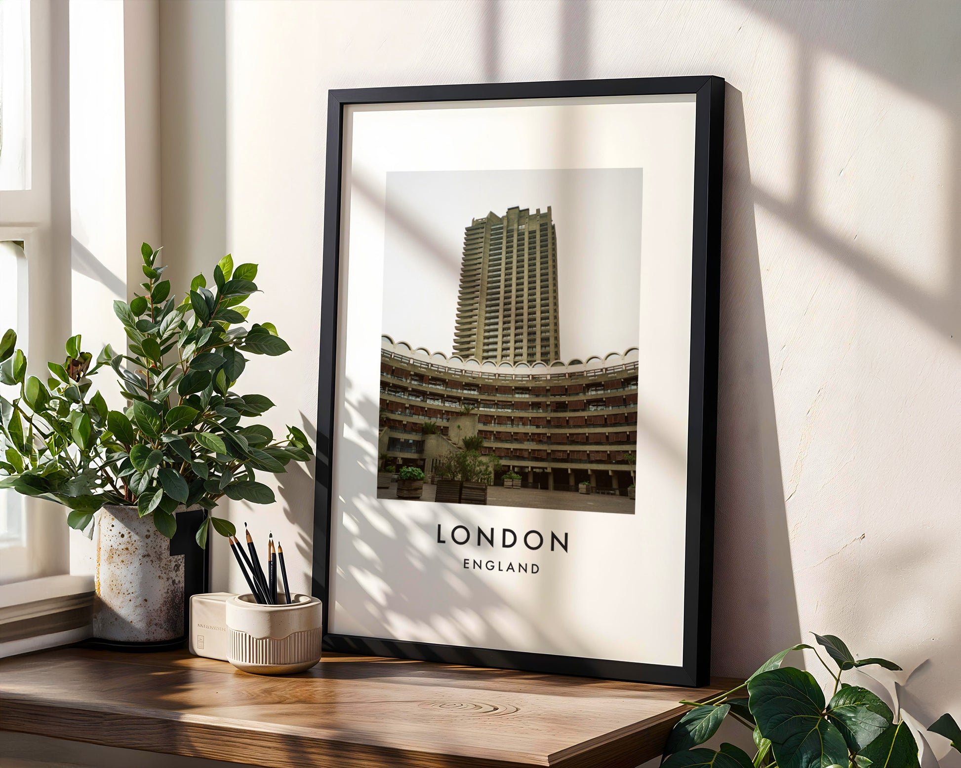 Barbican Estate Cromwell Tower Curved Terrace - London analogue photography poster print in modern room setting