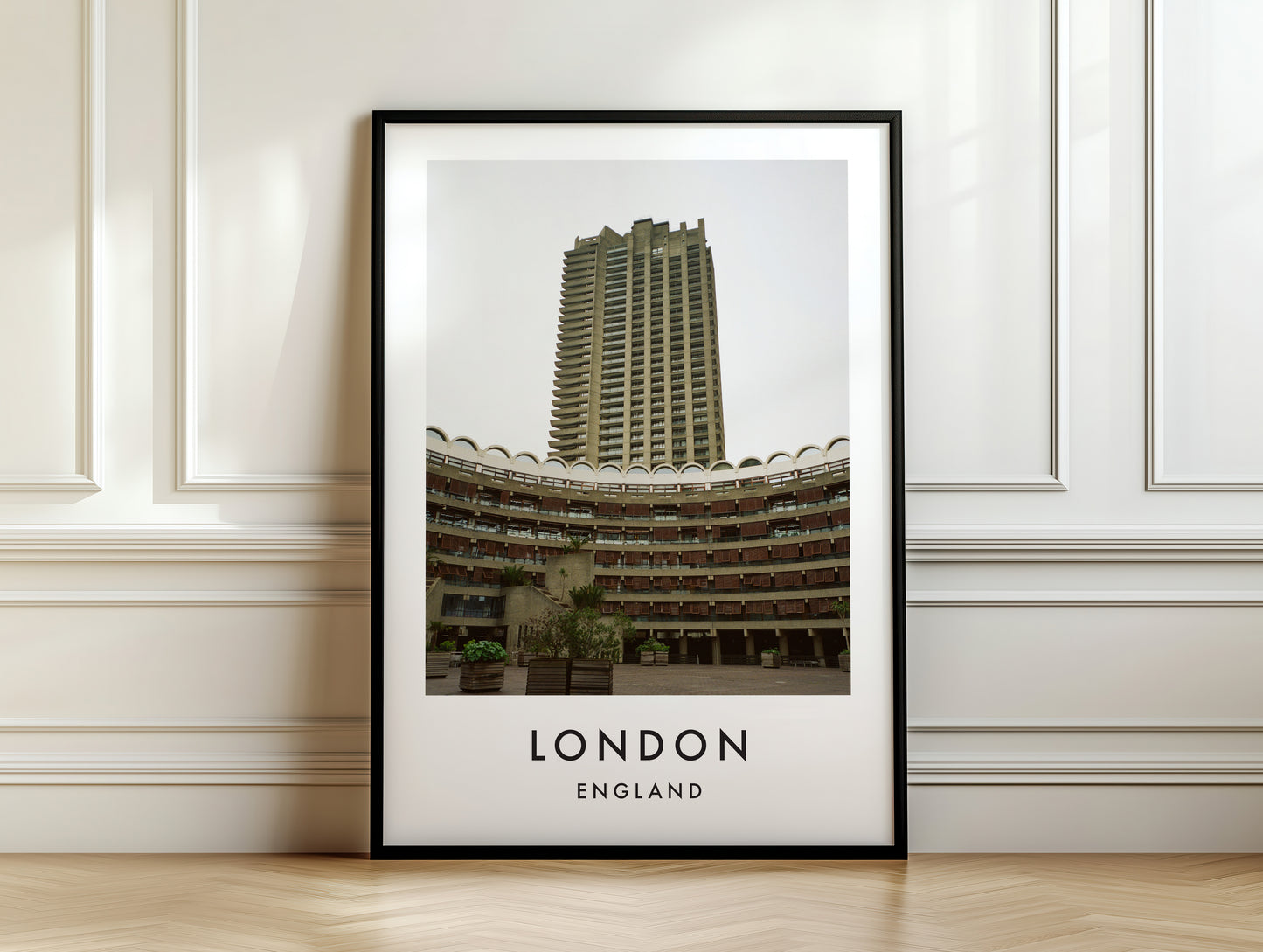 Barbican Estate Cromwell Tower Curved Terrace - London analogue photography poster print on white panelled wall