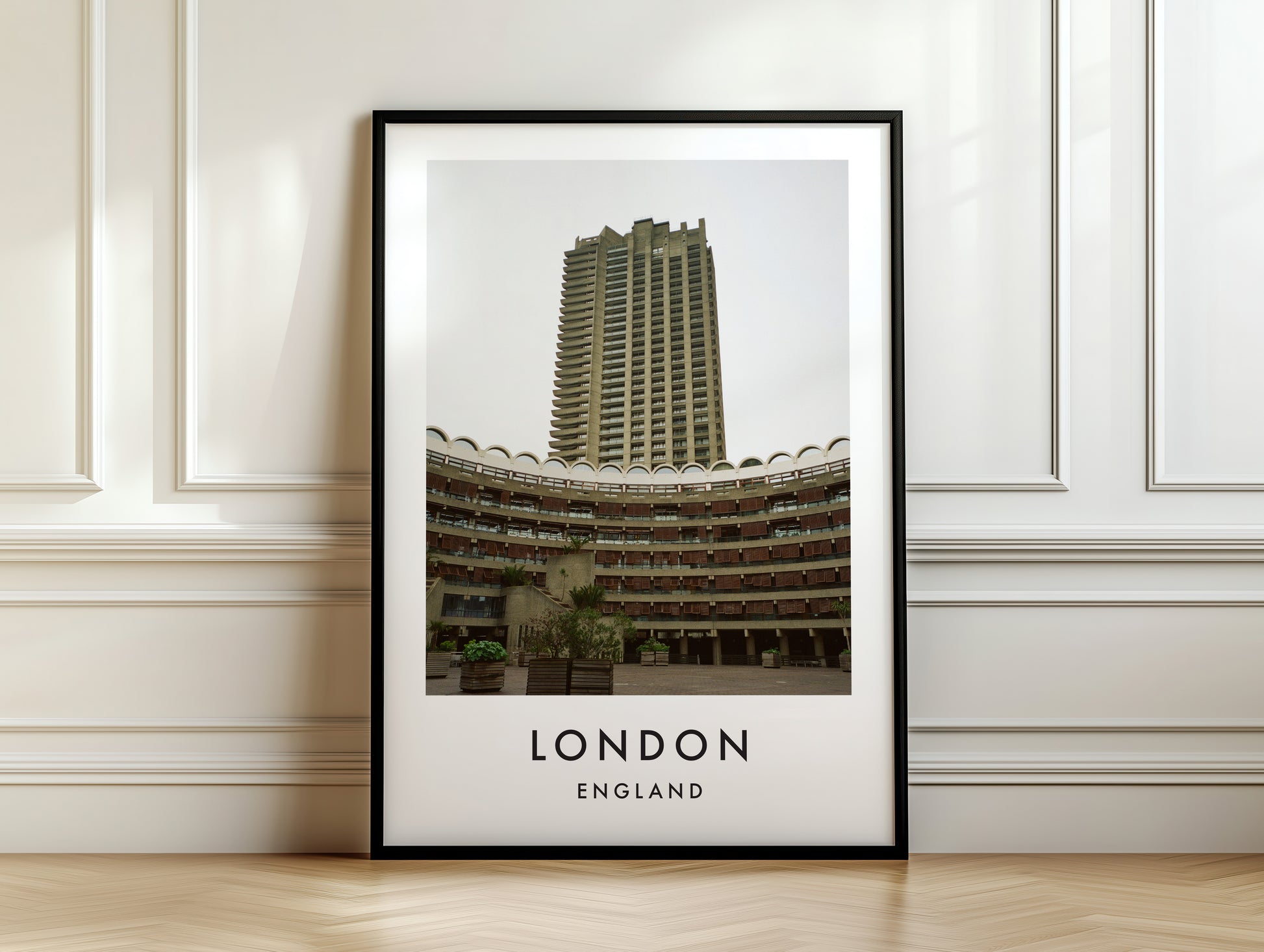 Barbican Estate Cromwell Tower Curved Terrace - London analogue photography poster print on white panelled wall