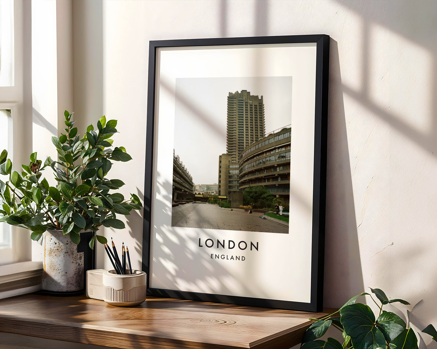 Barbican Estate Podium Walkway Tower - London analogue photography poster print in modern room setting