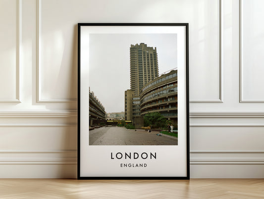 Barbican Estate Podium Walkway Tower - London analogue photography poster print on white panelled wall