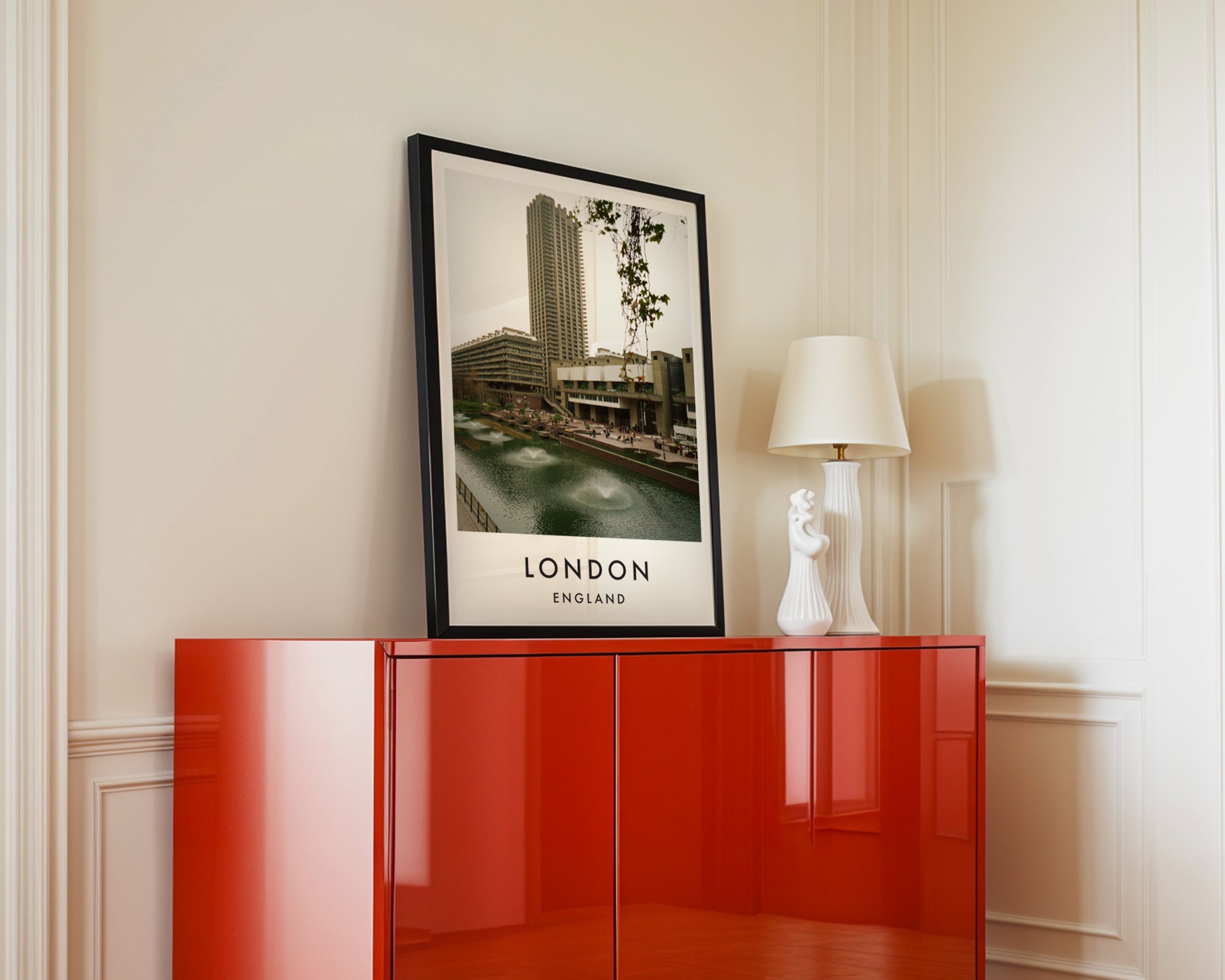 Barbican Lakeside Fountains Tower - London analogue photography poster print in interior design setting