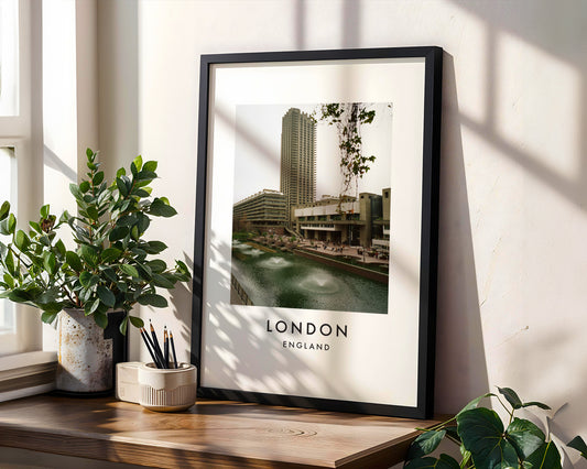 Barbican Lakeside Fountains Tower - London analogue photography poster print in modern room setting