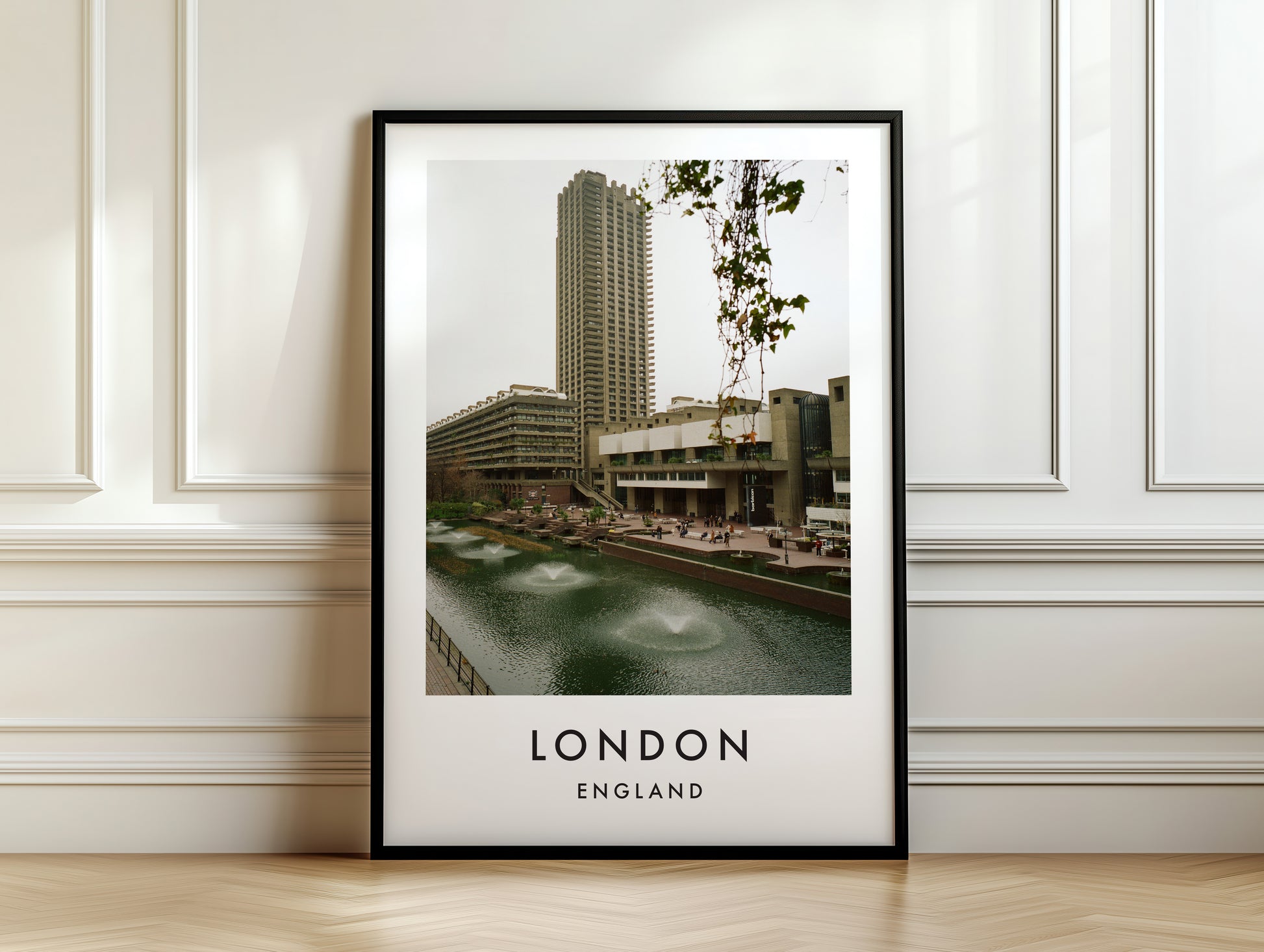 Barbican Lakeside Fountains Tower - London analogue photography poster print on white panelled wall