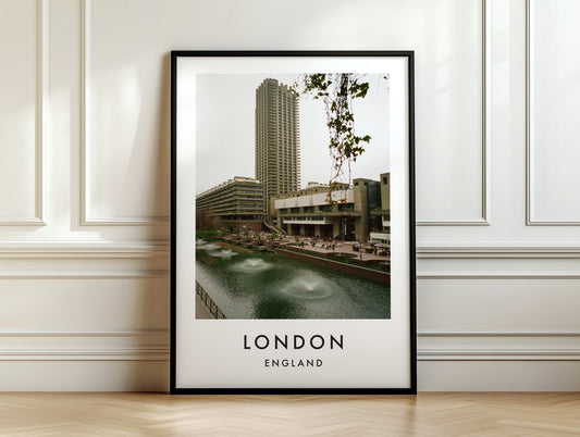 Barbican Lakeside Fountains Tower - London analogue photography poster print on white panelled wall