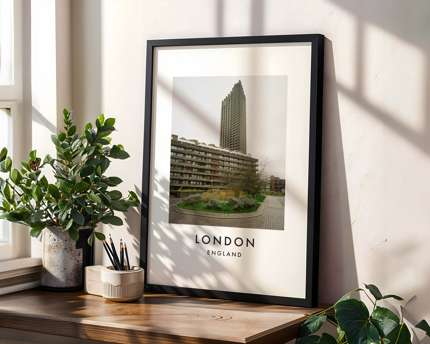 Barbican Tower Garden View Ground Level - London analogue photography poster print in modern room setting