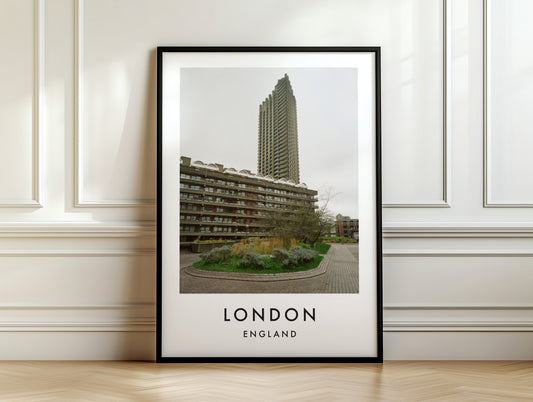 Barbican Tower Garden View Ground Level - London analogue photography poster print on white panelled wall