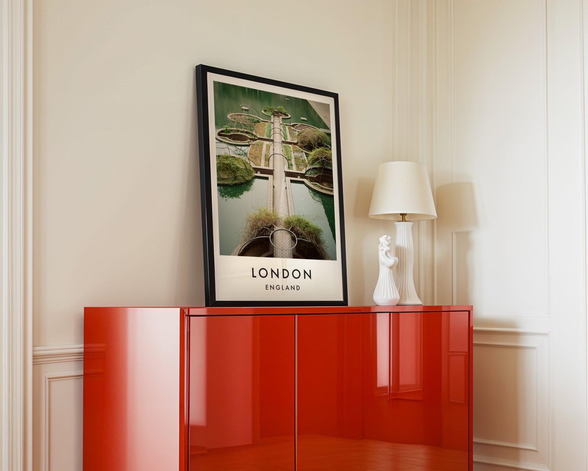 Barbican Water Gardens Aerial Symmetrical View - London analogue photography poster print in interior design setting