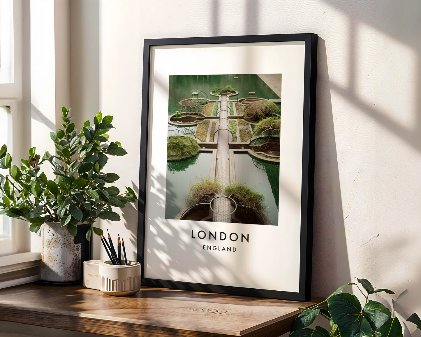 Barbican Water Gardens Aerial Symmetrical View - London analogue photography poster print in modern room setting