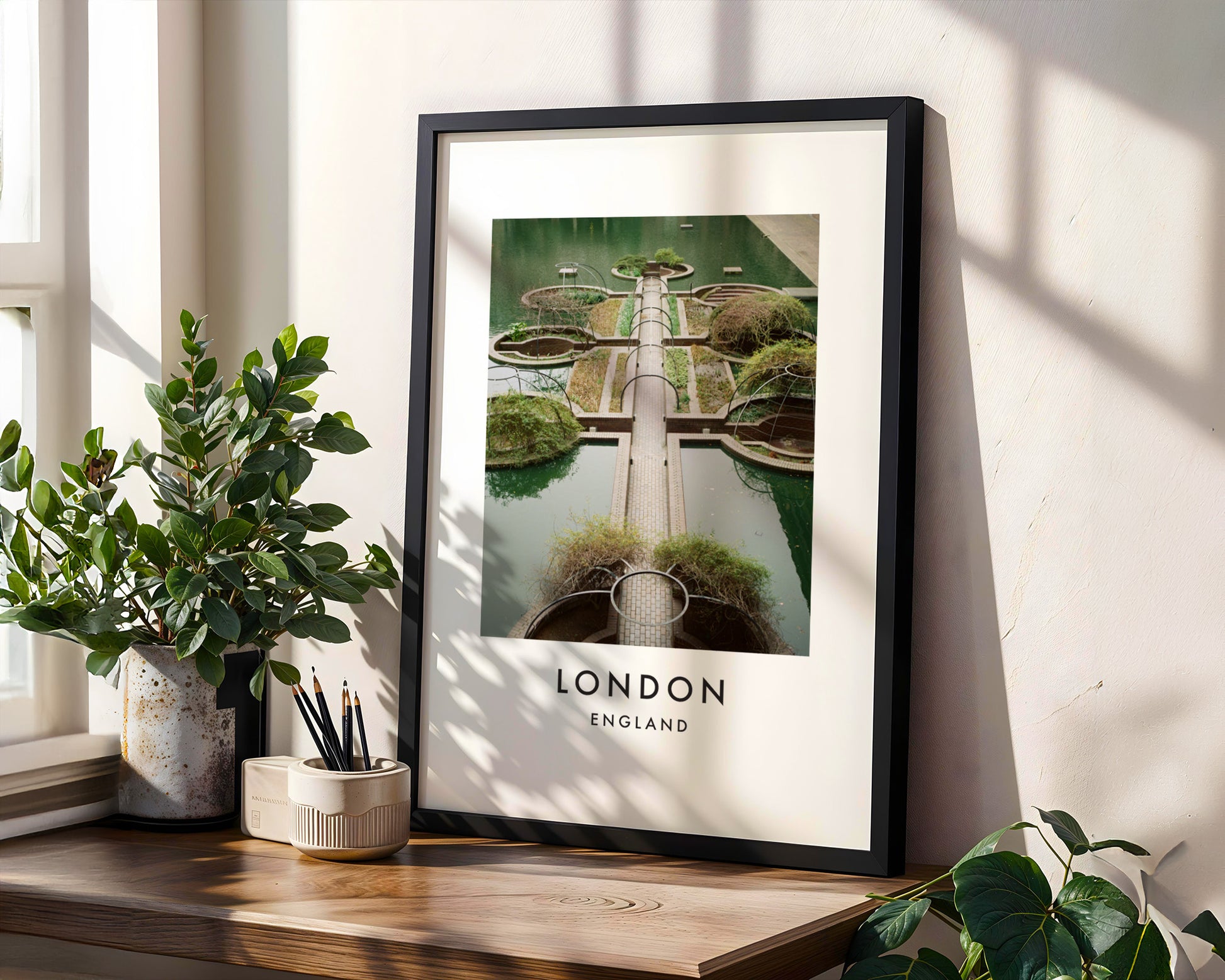 Barbican Water Gardens Aerial Symmetrical View - London analogue photography poster print in modern room setting
