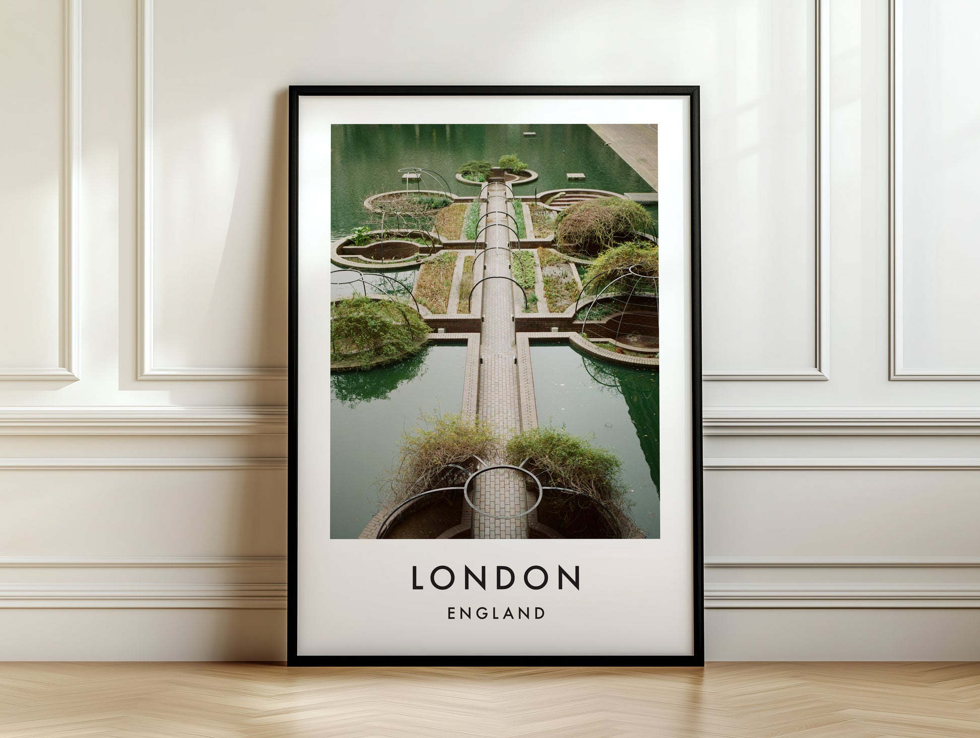 Barbican Water Gardens Aerial Symmetrical View - London analogue photography poster print on white panelled wall