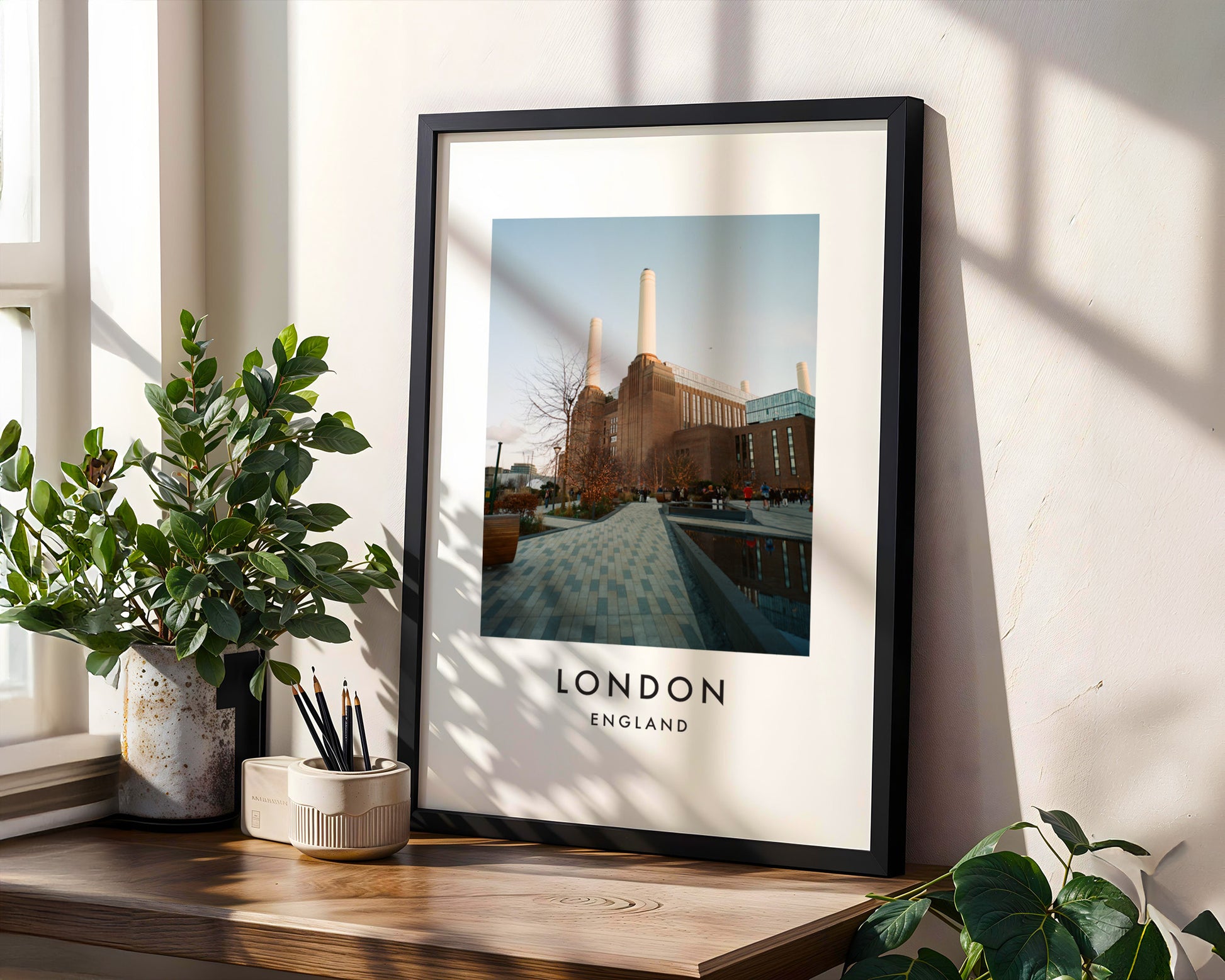 Battersea Power Station Daytime Chimneys Front - London analogue photography poster print in modern room setting
