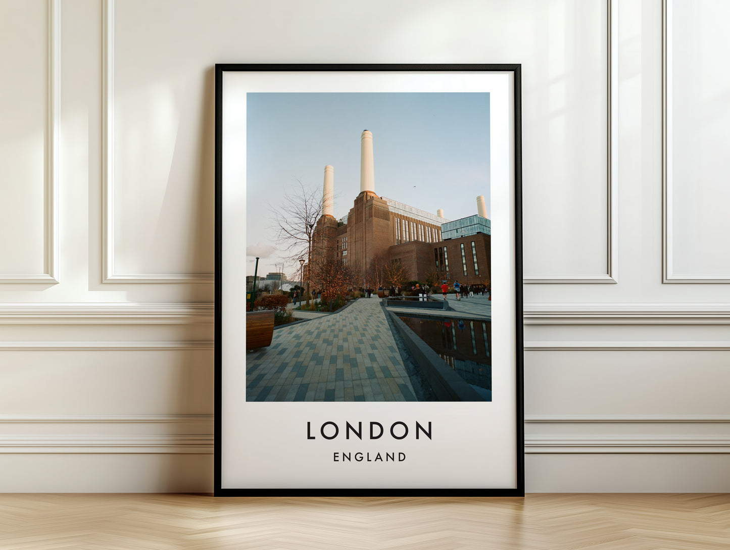 Battersea Power Station Daytime Chimneys Front - London analogue photography poster print on white panelled wall