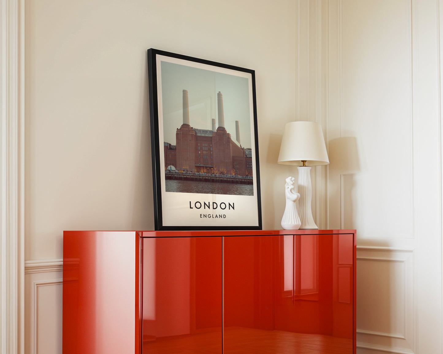 Battersea Power Station Four Chimneys Thames - London analogue photography poster print in interior design setting