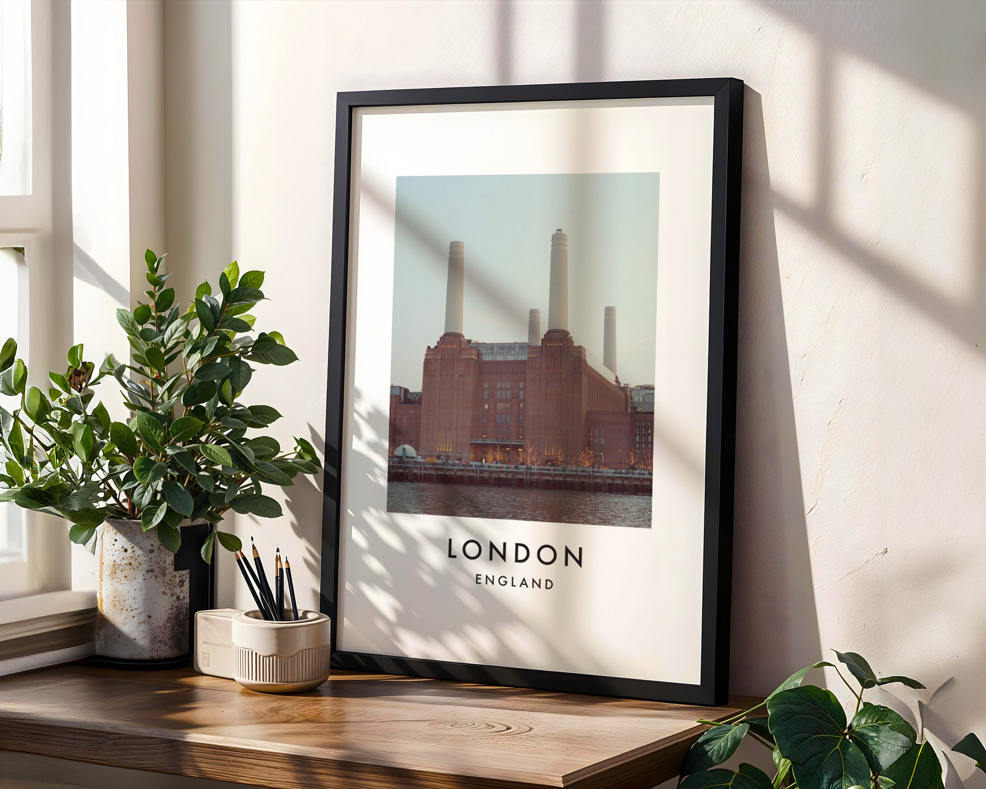 Battersea Power Station Four Chimneys Thames - London analogue photography poster print in modern room setting